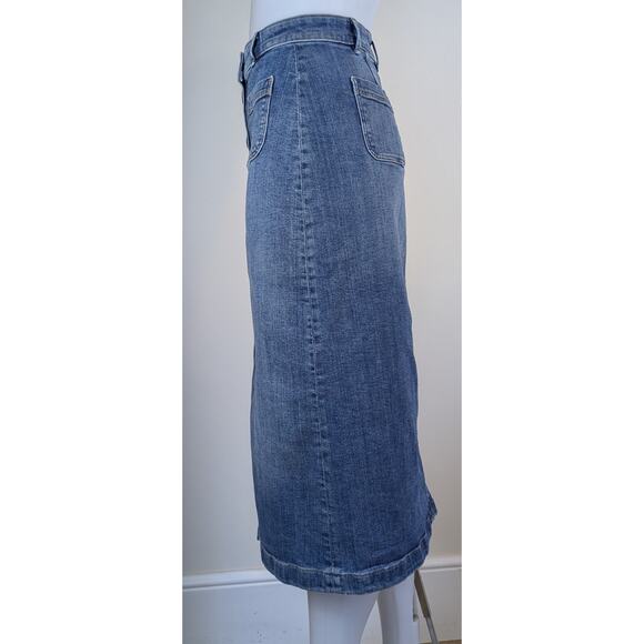 M&S VTG Denim Jean Skirt 4 Blue Midi Pencil 4 Button Front Patch Pockets 90s - Picture 6 of 10